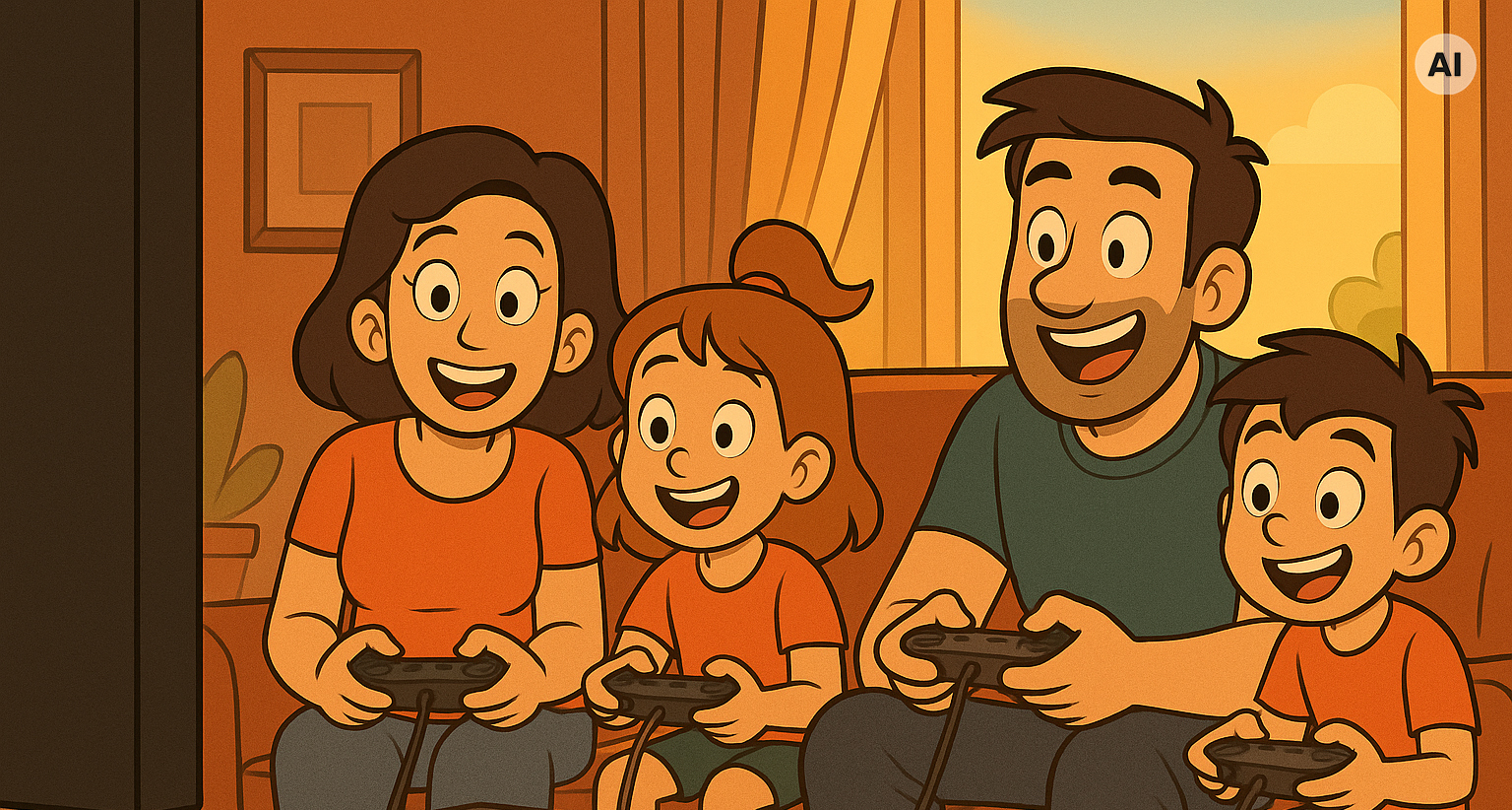 Familie beim Videospielen im Zeichentrickstil. Dieses Bild ist KI-generiert.
