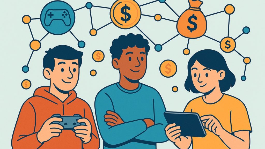 [Zwei Comicfiguren spielen gemeinsam; um sie herum schweben Münz- und Shop-Icons, im Hintergrund Netzwerklinien – Monetarisierung & Innovation visuell dargestellt.]