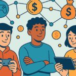 [Zwei Comicfiguren spielen gemeinsam; um sie herum schweben Münz- und Shop-Icons, im Hintergrund Netzwerklinien – Monetarisierung & Innovation visuell dargestellt.]